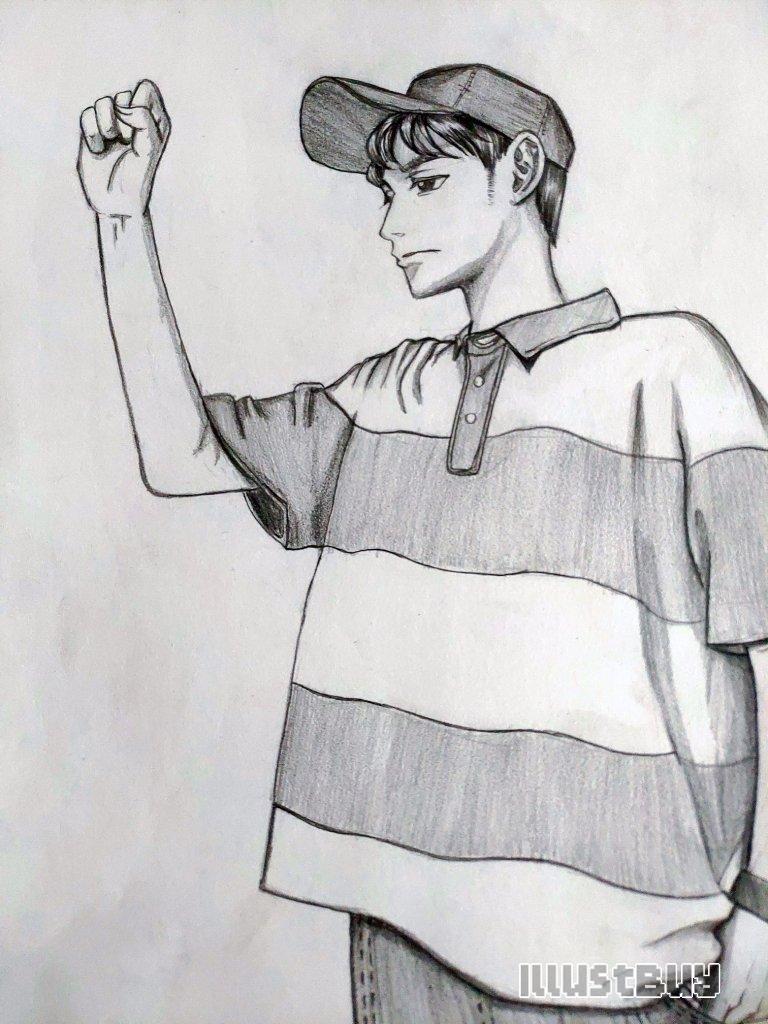 How to draw a boy wearing an oversize T shirt holding a fist
