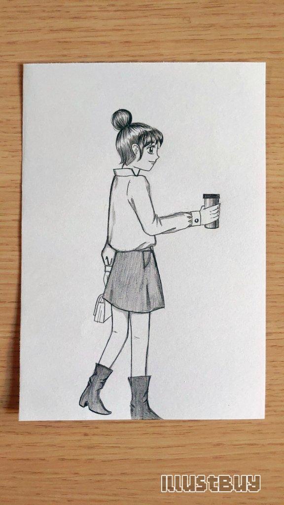 the side view of a girl holding a thermos cup
