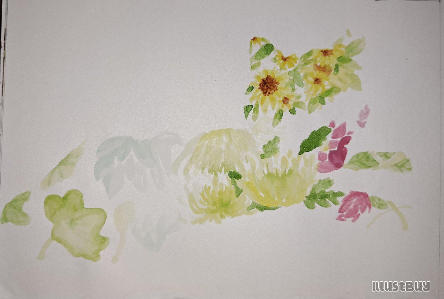 水彩小貓 可愛的花