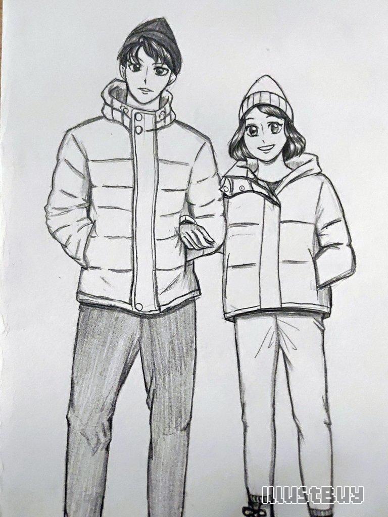 A couple in down jacket 