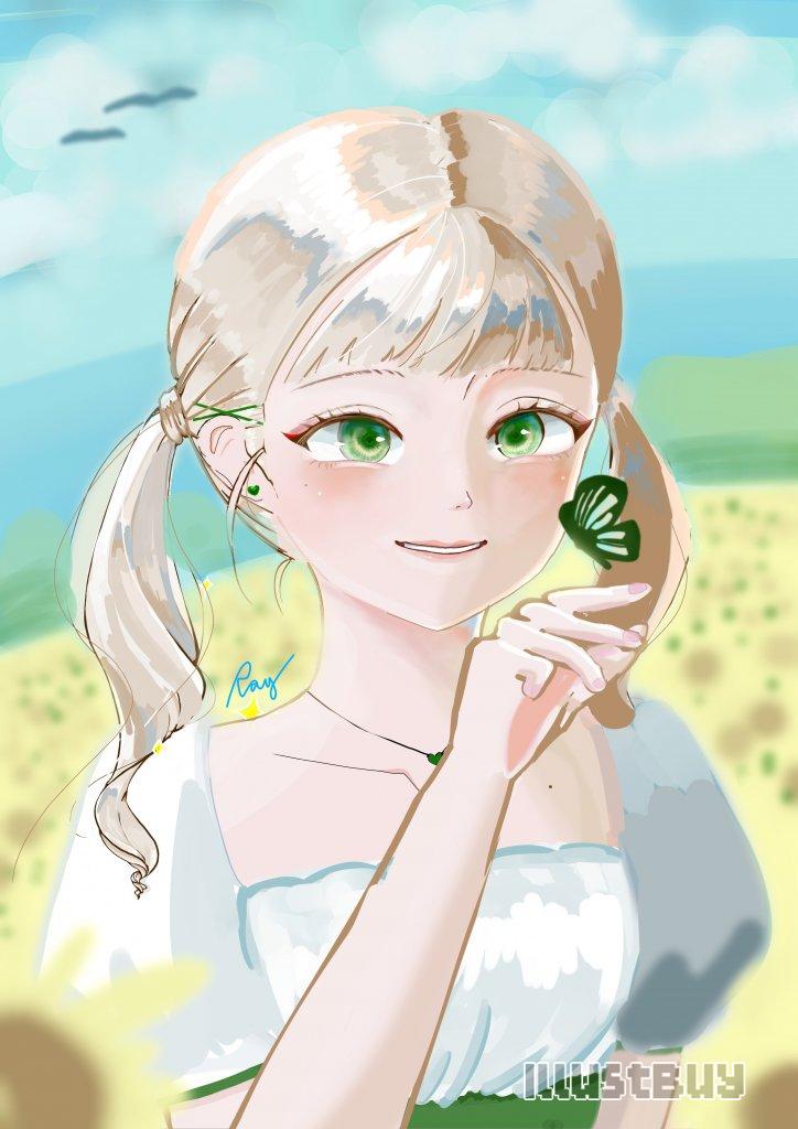 綠瞳少女和綠色蝴蝶