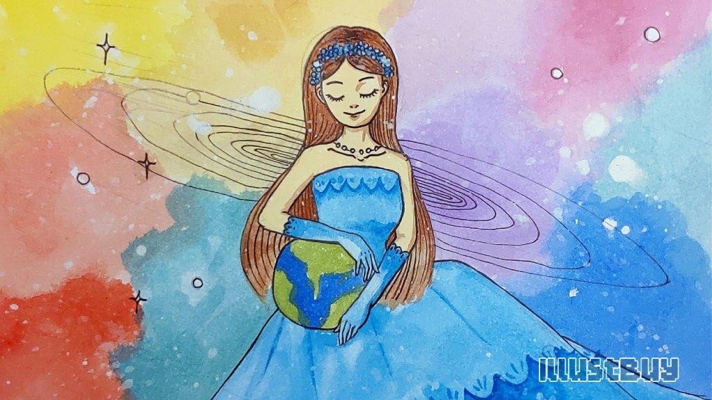 Watercolor coloring of a girl in a blue dress