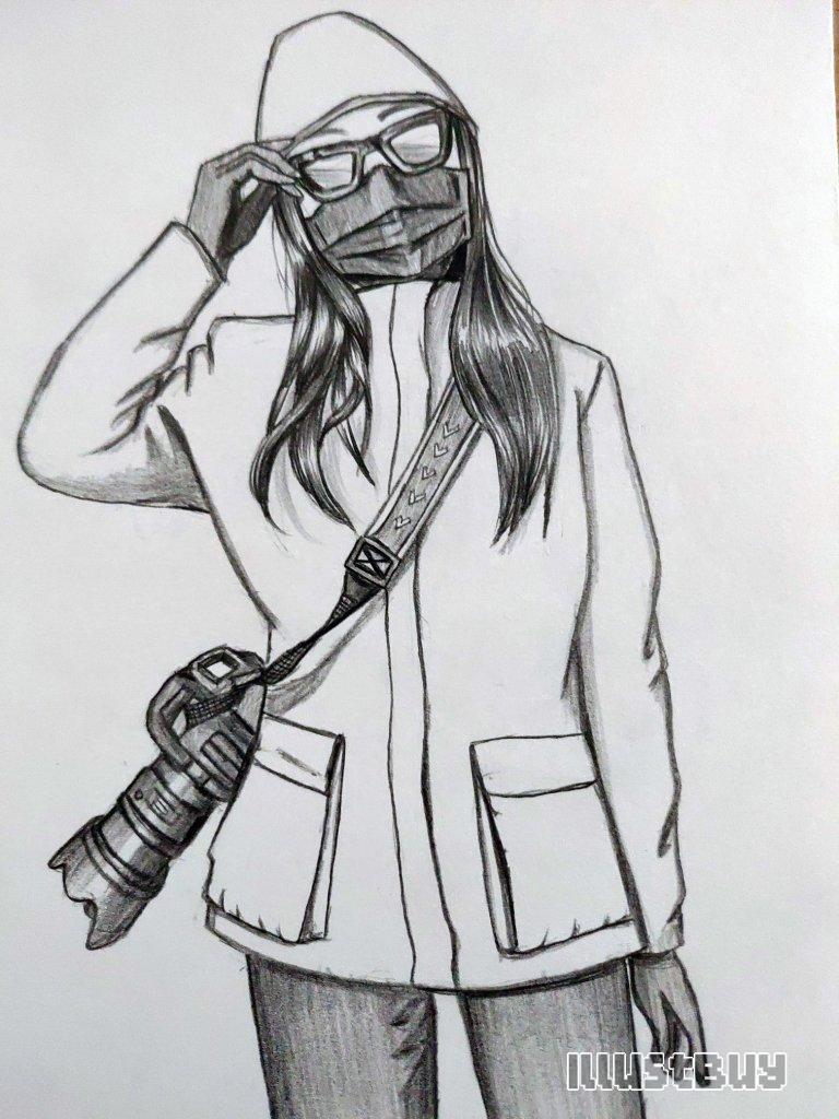 A long haired girl wearing sunglasses, a mask, and a camera Pencil sketch