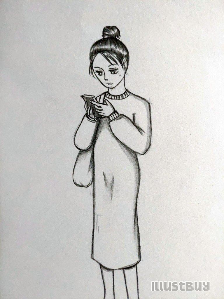 How to draw a girl with a bun hairstyle is looking at the phone