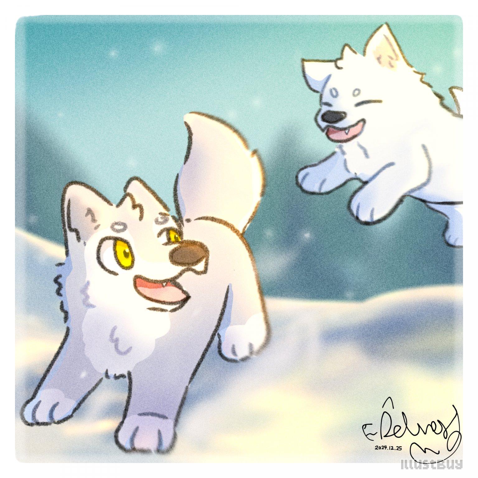 兩隻在雪地裡玩耍的狗狗們