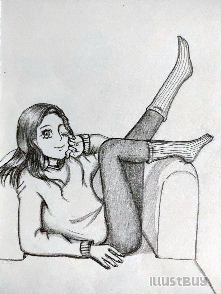How to draw a girl wearing socks sitting on the sofa
