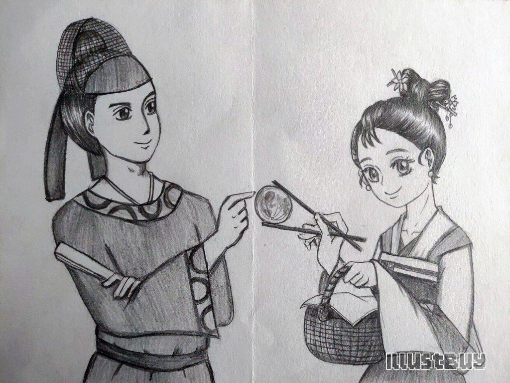 How to draw a couple wearing ancient costumes and eating moon cakes during the Mid Autumn Festival!