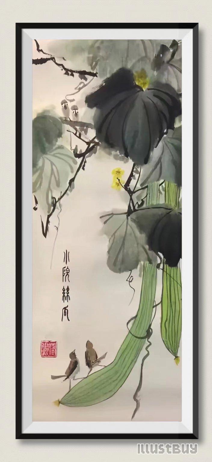 國畫小院絲瓜  国画小院丝瓜Luffa ink painting