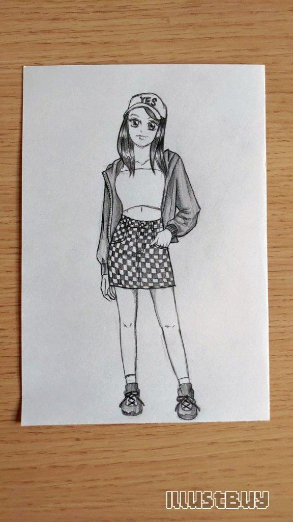 A long-haired girl with a peaked cap and a plaid skirt with her left hand in her pocket
