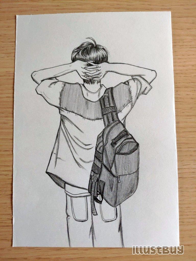 The back of the boy with his hands on his head