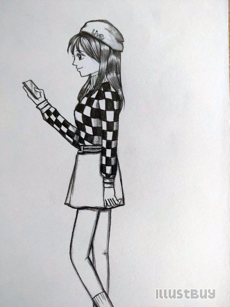 How To Draw A Girl In A Plaid Top Is Looking At Her Phone