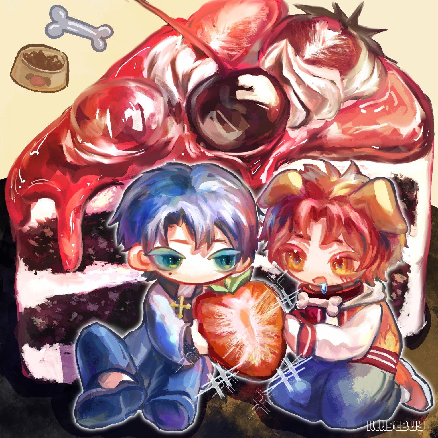 卡哇伊紅絲絨蛋糕雙人Q版插圖