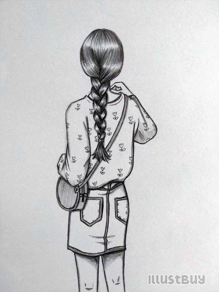 How to draw the back of a girl with braids and a small round bag