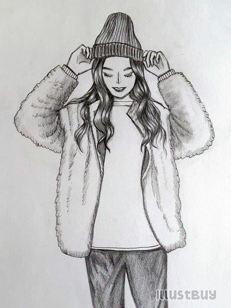 How To Draw A Girl Wearing A Teddy Bear Coat Holding A Hat With Both Hands
