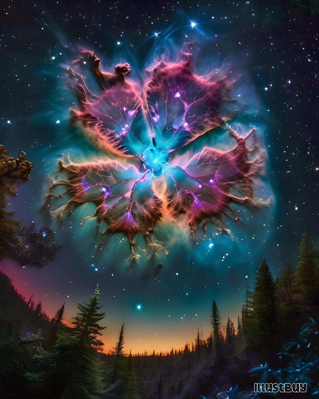 外星森林上的彩色星雲